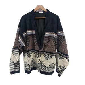 Allen Wah Vintage Grandpa Sweater L Geometric Chevron Heavy Knit 90s